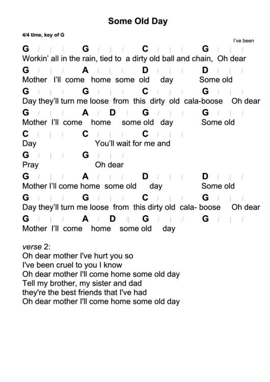 Some Old Day Chord Chart - 4/4 Time, Key Of G Printable pdf