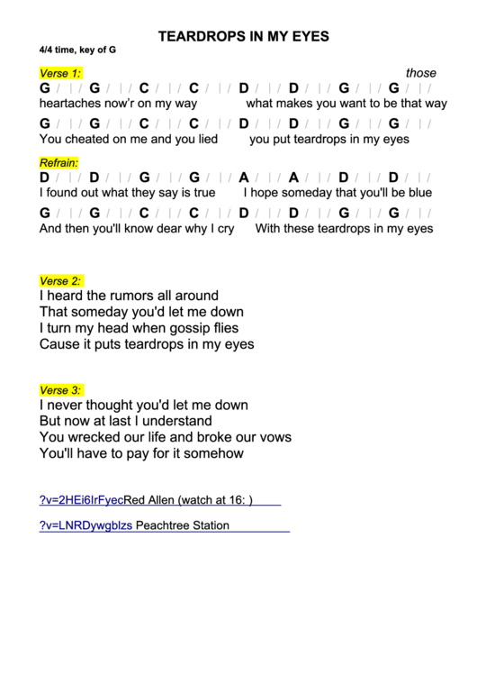 Teardrops In My Eyes Chord Chart - 4/4 Time, Key Of G Printable pdf