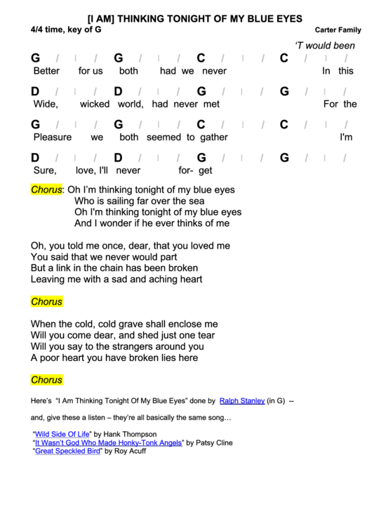 Carter Family - Thinking Tonight Of My Blue Eyes Chord Chart Printable pdf