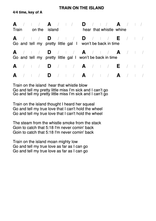 Train On The Island Chord Chart - 4/4 Time, Key Of A Printable pdf