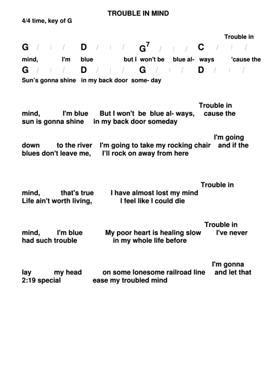 Trouble In Mind Chord Chart - 4/4 Time, Key Of G Printable pdf