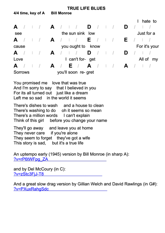 Bill Monroe - True Life Blues Chord Chart - 4/4 Time, Key Of A Printable pdf
