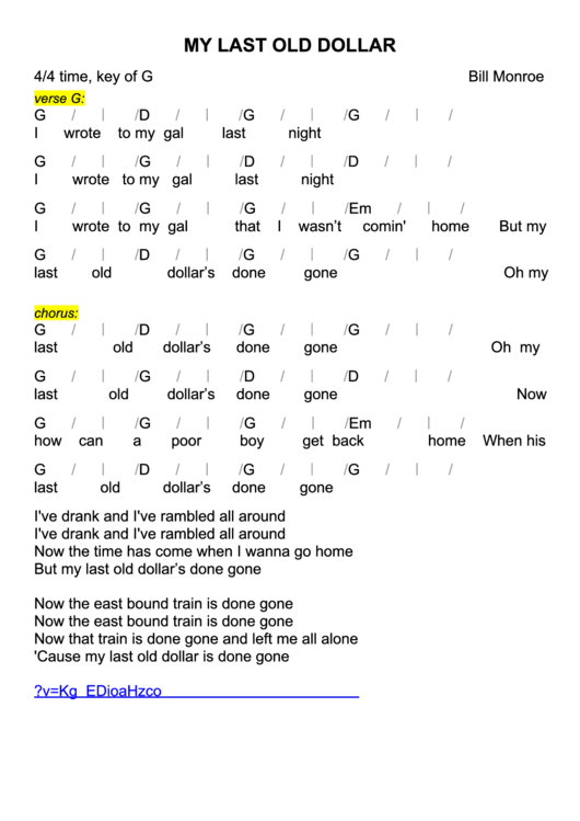 Bill Monroe - My Last Old Dollar Chord Chart Printable pdf