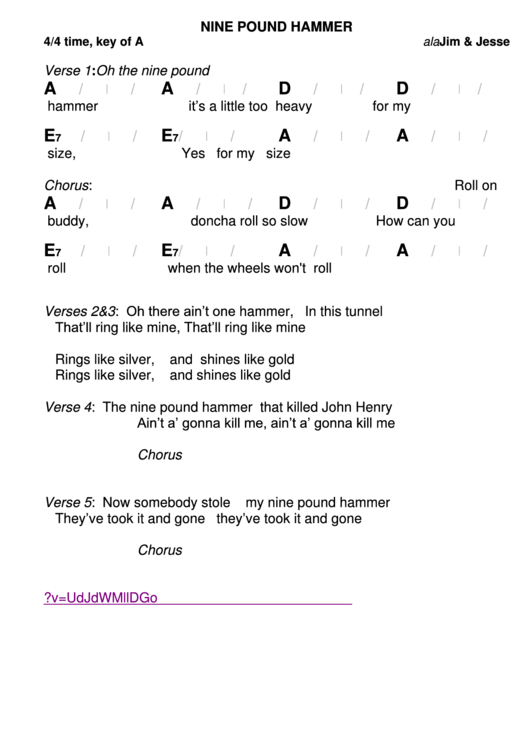 Jim & Jesse - Nine Pound Hammer Chord Chart Printable pdf