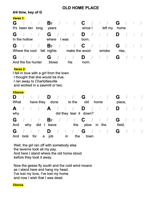 Old Home Place Chord Chart - 4/4 Time, Key Of G Printable pdf