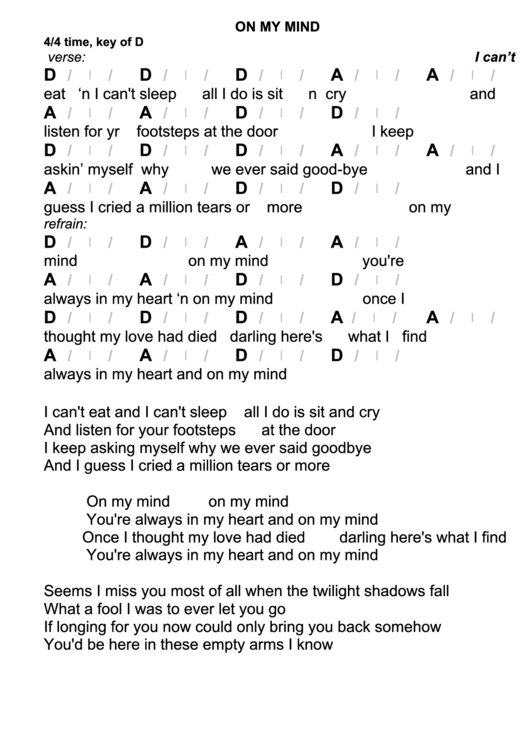 On My Mind Chord Chart - 4/4 Time, Key Of D Printable pdf