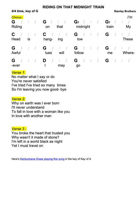Stanley Brothers - Riding On That Midnight Train Chord Chart - 4/4 Time, Key Of G Printable pdf