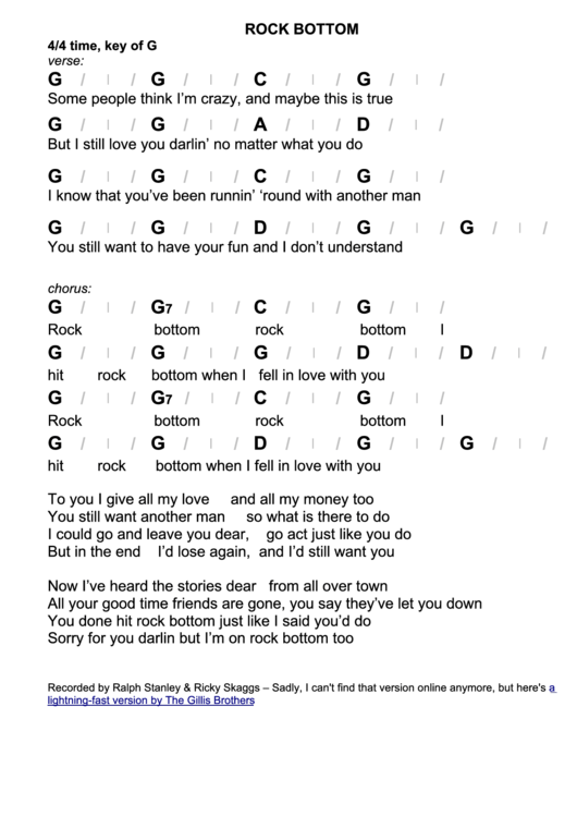 Rock Bottom Chord Chart - 4/4 Time, Key Of G Printable pdf