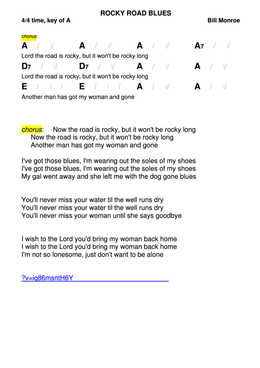 Bill Monroe - Rocky Road Blues Chord Chart - 4/4 Time, Key Of A Printable pdf