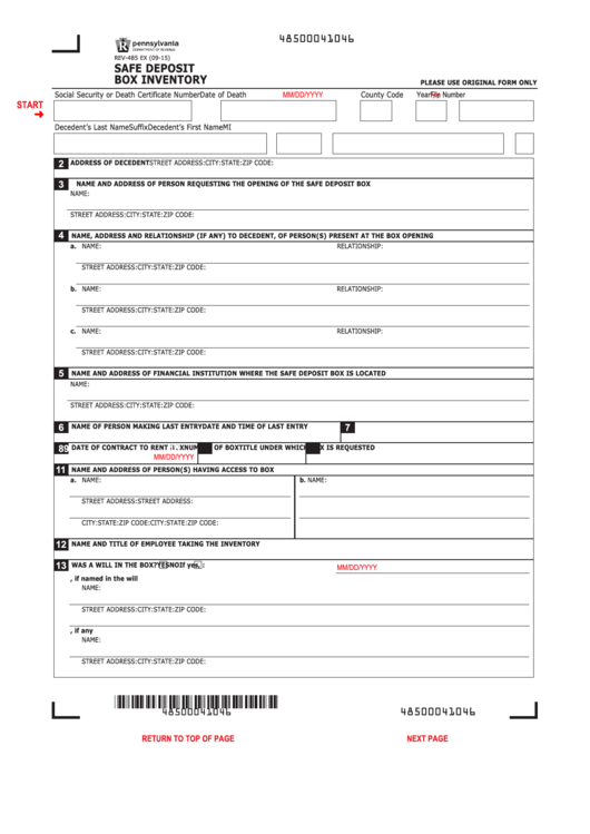 Fillable Rev-485 Ex - Safe Deposit Box Inventory Printable pdf