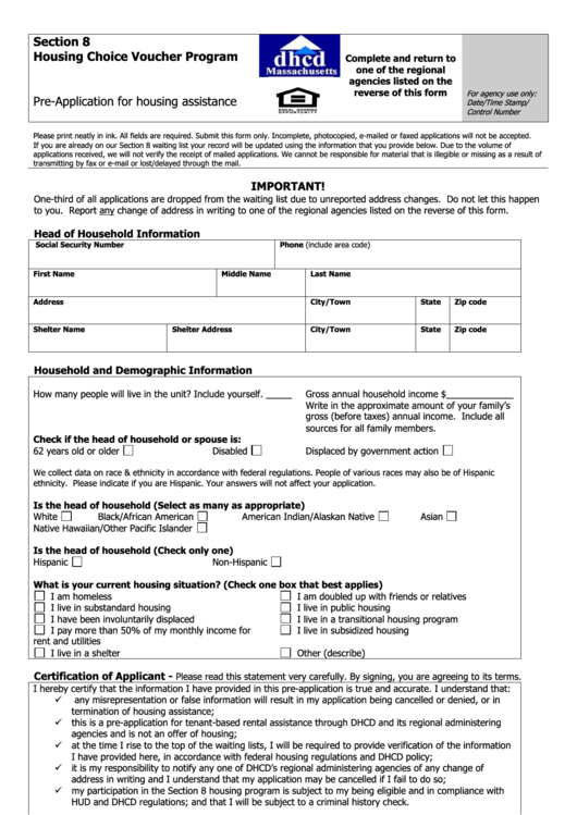 Pre-Application For Housing Assistance Printable pdf