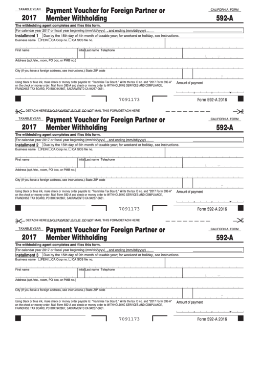 Fillable California Form 592-A - Payment Voucher For Foreign Partner Or Member Withholding - 2017 Printable pdf