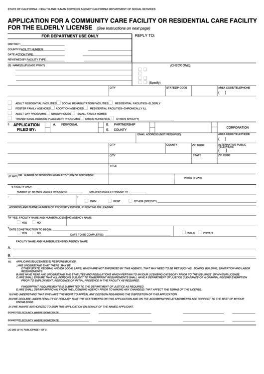 Fillable Application For A Community Care Facility Printable pdf