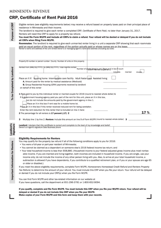 Fillable Form Crp - Certificate Of Rent Paid - Minnesota Department Of Revenue - 2016 Printable pdf