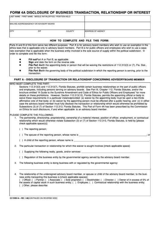 Ce Form 4a Disclosure Of Business Transaction, Relationship Or Interest Printable pdf