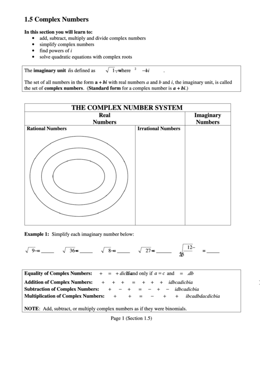 Complex Numbers Worksheet Printable pdf