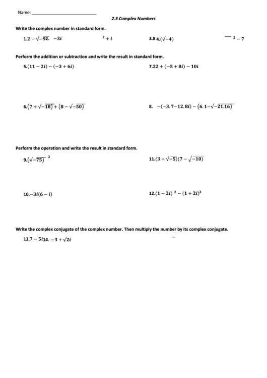 Complex Numbers Worksheet printable pdf download