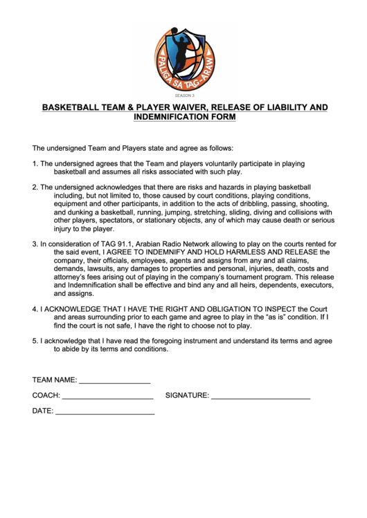 Basketball Team & Player Waiver, Release Of Liability And Indemnification Form Printable pdf