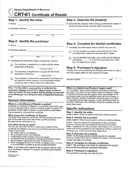 Form Crt-61 - Certificate Of Resale - Illinois Printable pdf