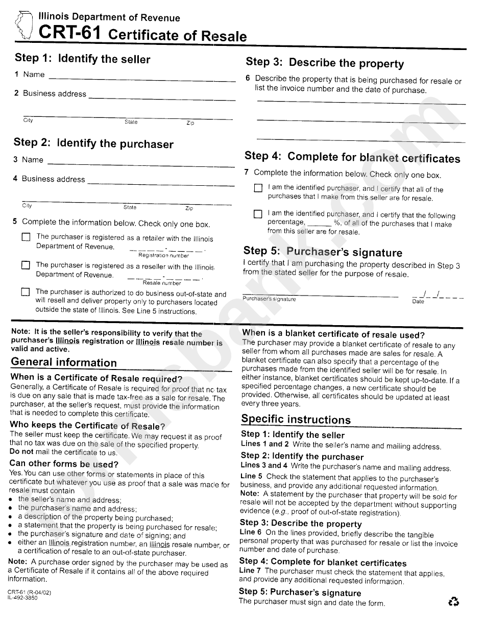 Form Crt-61 - Certificate Of Resale - Illinois printable pdf download