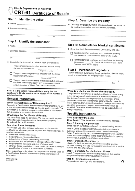 Form Crt-61 - Certificate Of Resale - Illinois Printable pdf