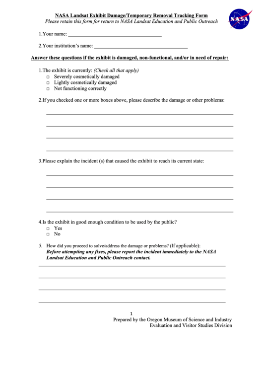 Nasa Landsat Exhibit Damage/temporary Removal Tracking Form Printable pdf