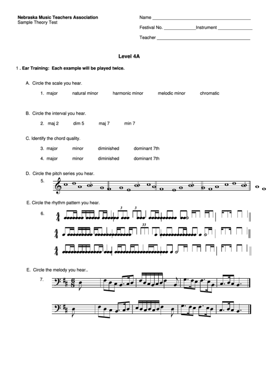 Nebraska Music Teachers Association - Sample Theory Test Printable pdf