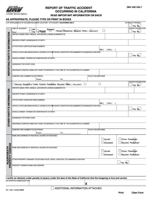 Fillable Sr 1 Report Of Traffic Accident Occuring In California Dmv 