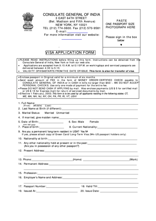Fillable India Visa Application Form Printable pdf