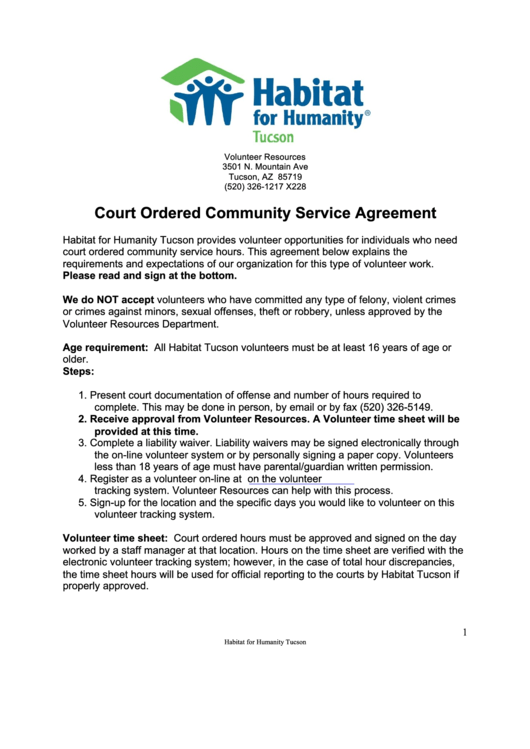 Community Service Agreement Printable pdf