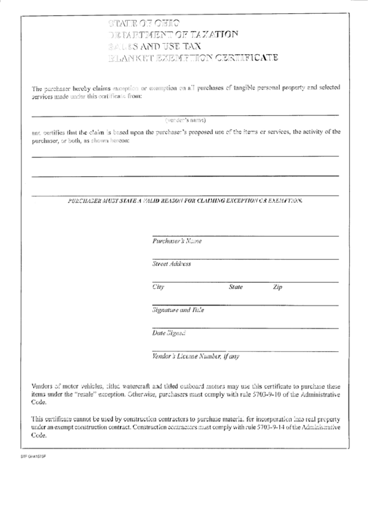 Blanket Exemption Certificate Printable pdf
