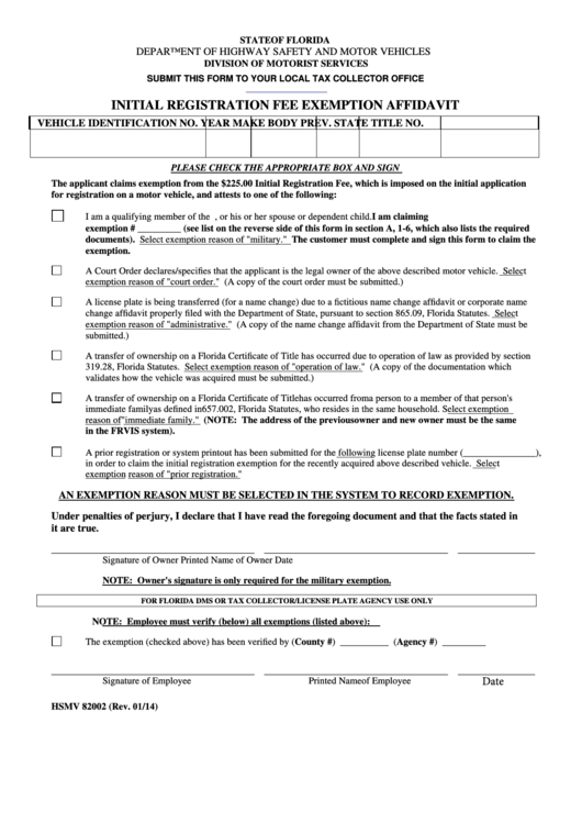 Fillable Form Hsmv 82002 - Initial Registration Fee Exemption Affidavit Printable pdf