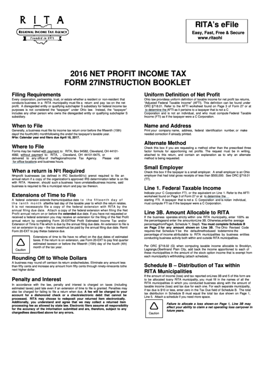 Net Profit Income Tax Form 27 Instruction Booklet - 2016 Printable pdf