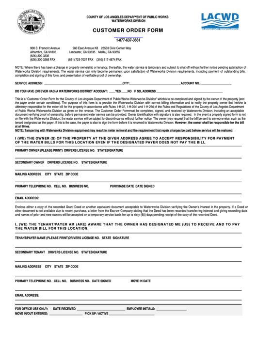 Fillable Customer Order Form - County Of Los Angeles Department Of Public Works, Waterworks Division Printable pdf