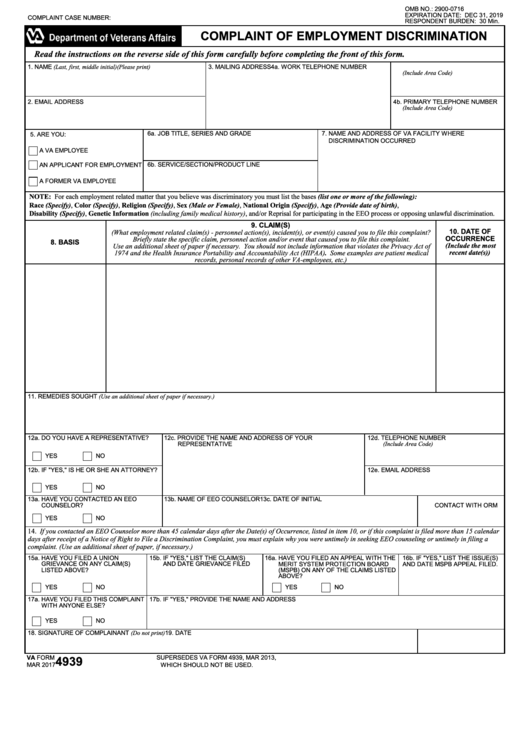 Fillable Va Form 4939 - Complaint Of Employment Discrimination - Department Of Veteran Affairs Printable pdf