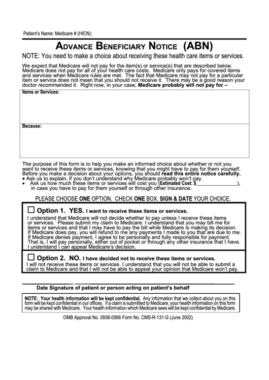 Advance Beneficiary Notice Printable pdf