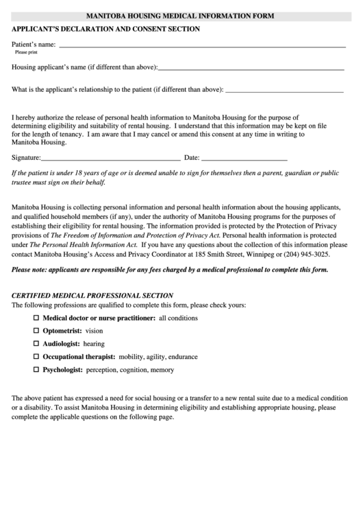 Manitoba Housing Medical Information Form Printable pdf