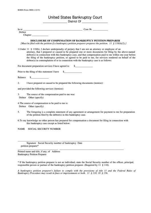 B2800 (Form 2800) - Disclosure Of Compensation Of Bankruptcy Petition Preparer Printable pdf