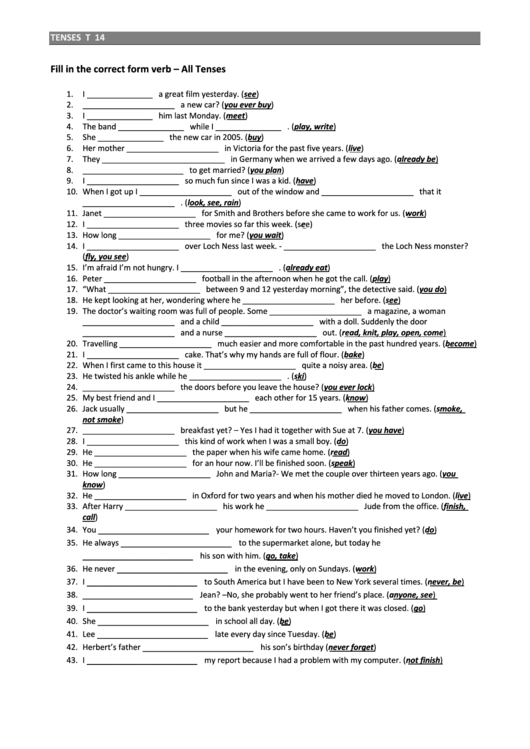 All Tenses English Grammar Worksheet With Answers Printable Pdf 