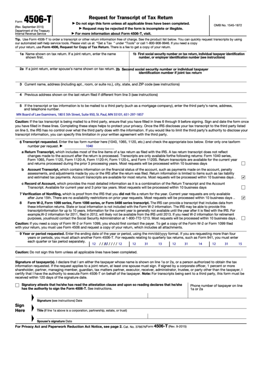 Fillable Form 4506 T Request For Transcript Of Tax Return Printable 
