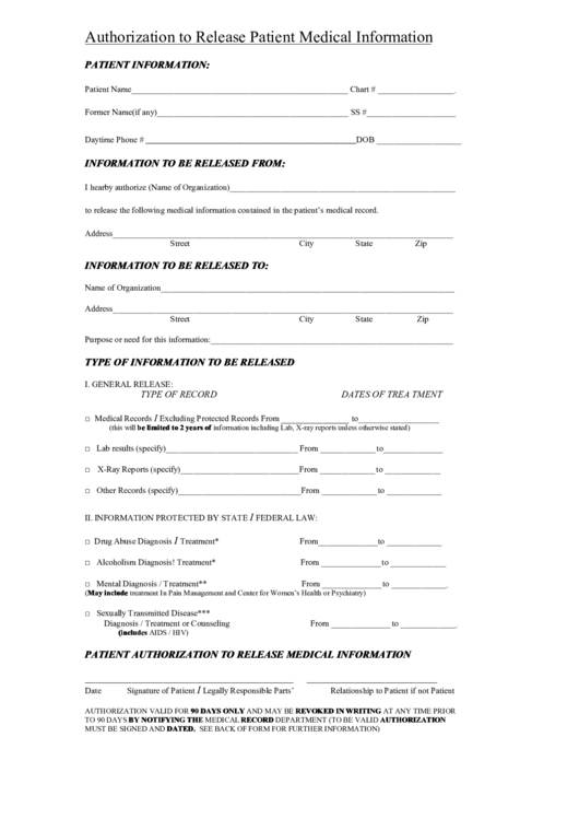 Authorization Form To Release Patient Medical Information Printable pdf