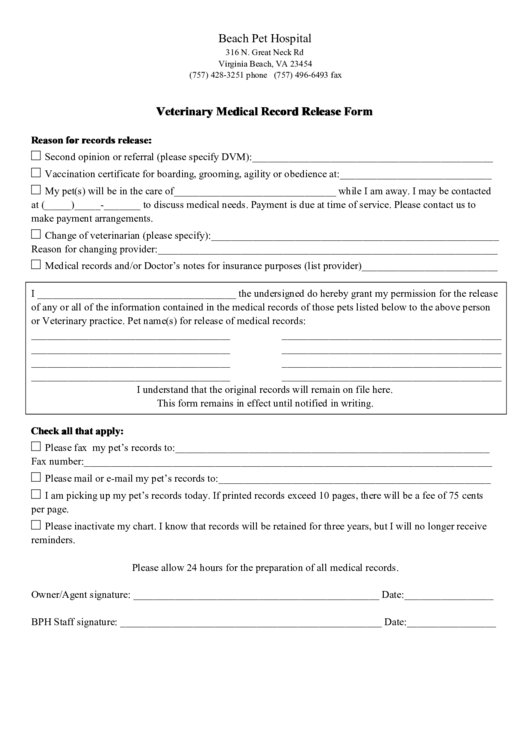 Fillable Veterinary Medical Record Release Form Printable pdf