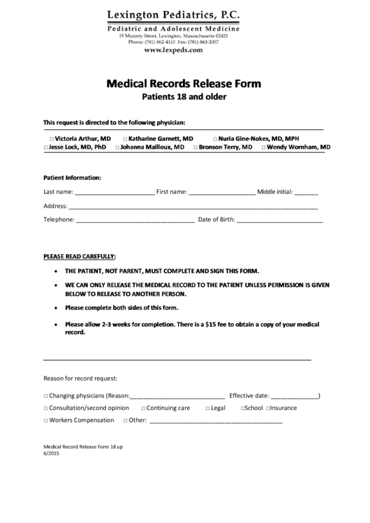 Fillable Medical Records Release Form Printable pdf