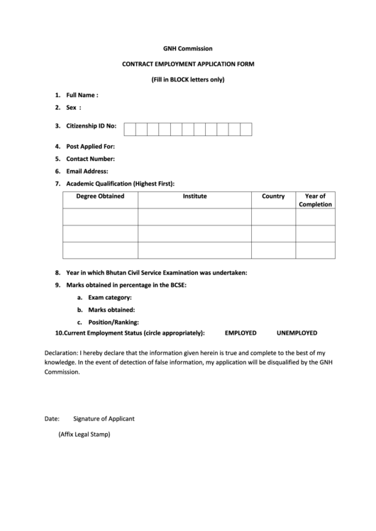 Contract Employment Application Form Printable pdf