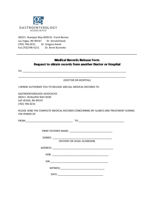 Medical Records Release Form Request To Obtain Records From Another Doctor Or Hospital Printable pdf