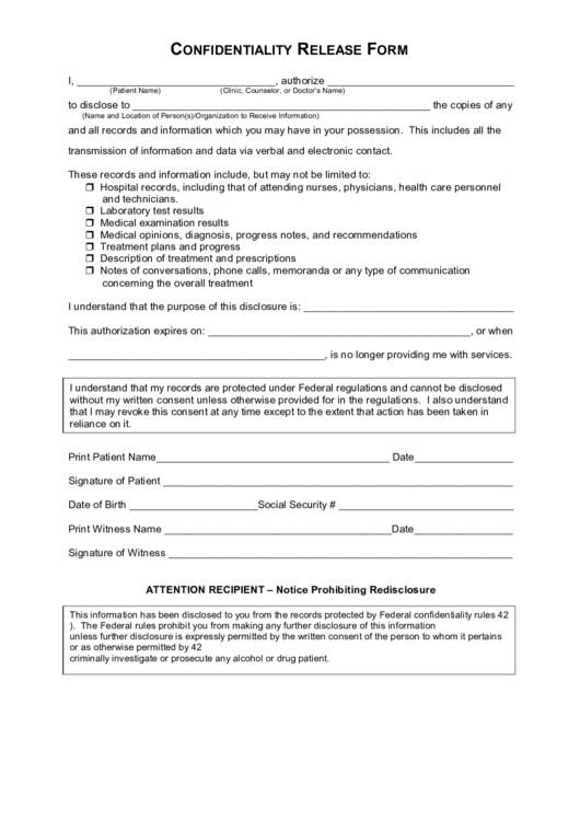 Confidentiality Release Form Printable pdf