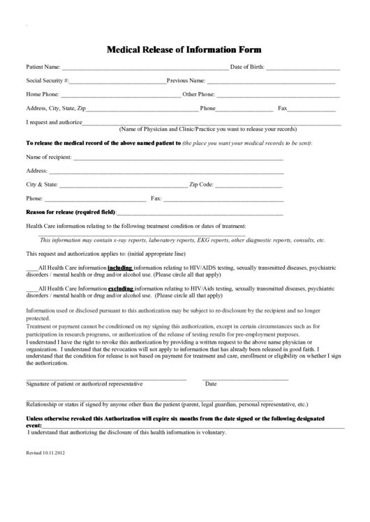 Medical Release Of Information Form Printable pdf