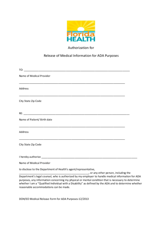 Authorization For Release Of Medical Information For Ada Purposes Printable pdf
