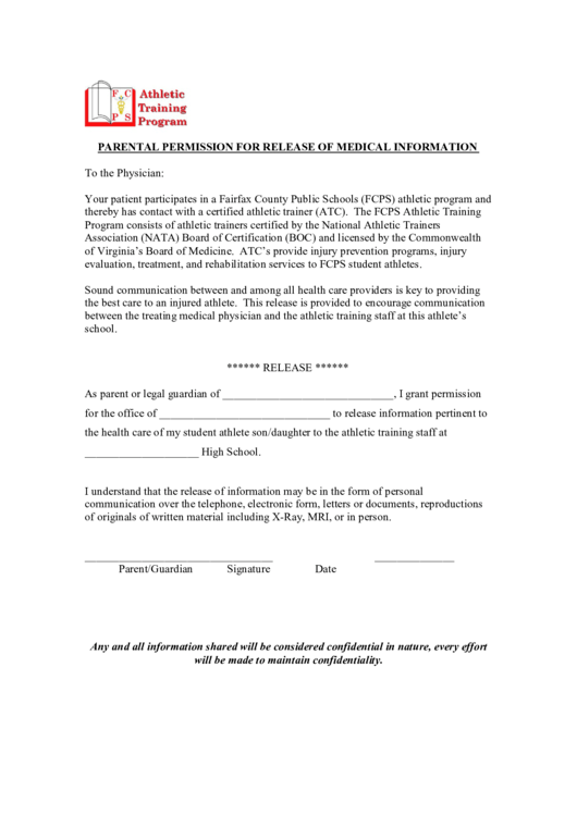 Parental Permission For Release Of Medical Information Printable pdf