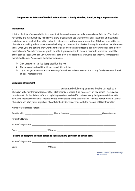 Designation Form For Release Of Medical Information To A Family Member, Friend, Or Legal Representative Printable pdf